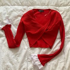 Red Long Sleeve Cropped Balkan Shirt With Wrap In Front. Off Brand Of Shirt Bella Hadid Wore. Never Worn! Trendy Red Winter Blouse, Trendy Stretch Red Blouse, Red Stretch Cotton Blouse, Off Brand, Red Long Sleeve, Bella Hadid, Shirt Color, Long Sleeve Shirt, Sleeve Shirt