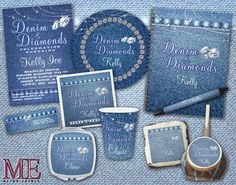 a blue denim wedding suite is shown with its matching accessories and the words dream diamonds written on it