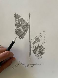 a person holding a pen and drawing on paper with butterfly drawings next to it that says jean sequer