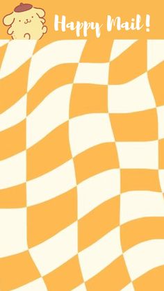 an orange and white checkered background with a teddy bear peeking out from the top