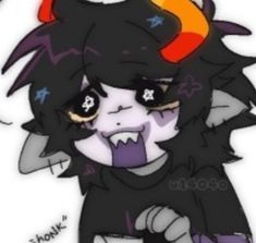 an image of a cartoon character with horns and fangs on her head, wearing a black outfit