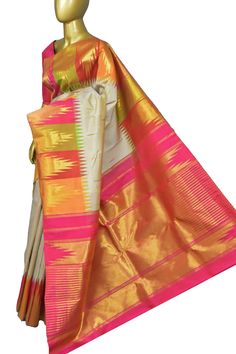 Elevate your saree collection with our dusty offwhite and multicolor pure Kanjeevaram Silk saree. Crafted with pure kanjeevaram, this saree boasts a beautiful multicolor temple border and zari weaving on the pallu. Add a touch of elegance and tradition to any occasion with this stunning piece. Color: A shade of hay and red color Technique: Amazing work of golden zari traditional weaving on the whole saree with temple border Fabric: Kanjeevaram Silk Quality: Indyvogue's Assurance of Pure Silk Mark Certified Saree Kanjeevaram Silk Saree, Border Fabric, Bengali Bride, Color Techniques, Traditional Weaving, Kanchipuram Saree, Saree Collection, Blouse Piece, Saree Blouse