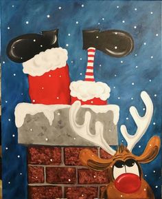 a painting of a reindeer by a brick wall with a santa hat on it's head