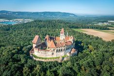 an aerial view of a castle surrounded by trees