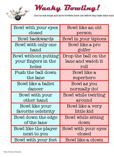 the bowling rules are shown in red, white and blue with words that read wacky bowling