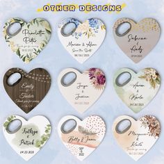 a bunch of heart shaped tags with names on them