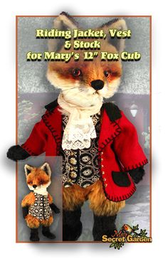 a stuffed fox wearing a red jacket and black pants