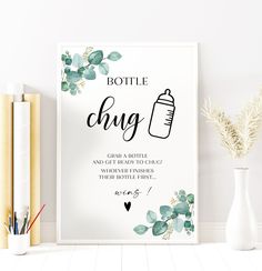 a poster with the words bottle chug on it next to some books and pencils