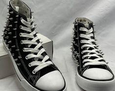 Spiked Converse Chuck Taylor Shoes - Etsy Casual Custom Sneakers With Spikes For Streetwear, Casual Custom Spiked Lace-up Sneakers, Casual Custom Lace-up Sneakers With Spikes, Casual Custom Sneakers With Spikes And Round Toe, Spiked Converse, Spiked Shoes, Metal Shoes, Chuck Taylor Shoes, Spike Shoes