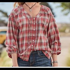 Soft, Raw Hem Details, 100% Cotton Plaid Shirt From Once Upon A Dream By Sundance Catalog. Oversized Style. Casual Fall Festival Peasant Top, Summer Country Style Tops With Relaxed Fit, Relaxed Fit Country Tops For Spring, Country Style Summer Tops With Relaxed Fit, Relaxed Fit Country Style Tops For Spring, Country Style Relaxed Fit Tops For Spring, Red Relaxed Fit Top For Festival, Long Sleeve Cotton Country Tops, Relaxed Fit Festival Blouse