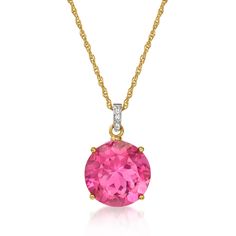 Ross-Simons - 7.75ct Pink Topaz Pendant Necklace, Diamond Accents in 14kt Yellow Gold. 18". Glowing with the most splendid bright-pink hue, this ample 7.75 carat round pink topaz pendant necklace adds fierce and feminine color to your look. Also features a touch of sparkle from diamond accents in white rhodium on the bale. Suspends from a 14kt yellow gold rope chain. Springring clasp, pink topaz pendant necklace. Pendant Necklace Diamond, Necklace With Diamond, Quartz Pendant Necklace, Detailed Necklace, Gold Rope Chains, Topaz Pendant, Topaz Color, Necklace Diamond, Pink Topaz