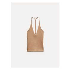 V-neck halter top. Open back with joined straps. Summer Seamless V-neck Halter Top, Chic Triangle Top With Built-in Bra, Brown Stretch Halter Neck Tank Top, Chic Halter Neck Tops With Adjustable Straps, Chic Beige Halter Neck Tank Top, Chic Backless Tank Top With Straps, Chic Halter Neck Top With Straps, Chic Seamless Backless Halter Top, Chic V-neck Crop Top With Adjustable Straps