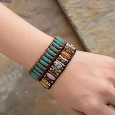 Stone Leather Bracelet-Assorted Colors Brown Bohemian Rectangular Bracelet, Bohemian Brown Rectangular Bracelet, Brown Rectangular Bohemian Bracelet, Adjustable Hand Wrapped Multicolor Leather Bracelet, Multicolor Hand Wrapped Leather Bracelet As Gift, Adjustable Multicolor Leather Friendship Bracelet, Trendy Adjustable Green Cuff Bracelet, Adjustable Multicolor Leather Bracelet, Adjustable Multicolor Leather Bracelet Gift