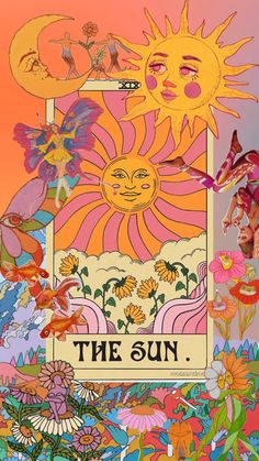 an image of the sun surrounded by flowers and other things that are all over it