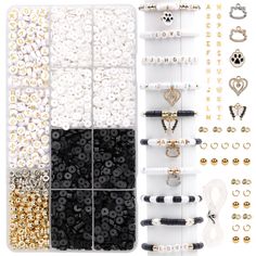 the beading kit includes various beads, rings and bracelets