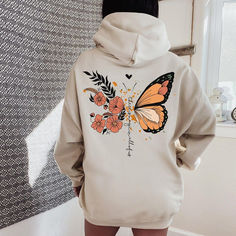 Stay Positive Butterfly and flowers hoodie  Hoodie with words on back  Cottagecore Aesthetic Shirt  Tumblr Hoodie  Beach Sweatshirt  Unisex Easy 30 day return policy Hoodies Aesthetic Design, Painting Ideas On Hoodie, Butterfly Hoodie Aesthetic, Casual Hoodie With Back Print For Fall, Casual Fall Hoodie With Back Print, Hoodie Painting Ideas, Artistic Hoodies, Custom Hoodies Ideas Design, Aesthetic Hoodie Design