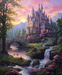 a painting of a castle in the middle of a forest with a river running through it