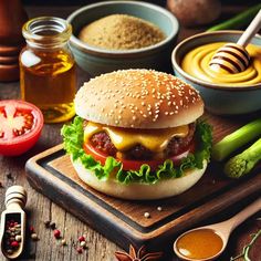 a cheeseburger with lettuce, tomato and pickles on a cutting board