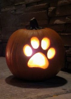 a dog paw light up pumpkin on the ground