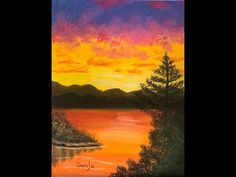 an oil painting of a sunset over a lake