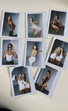 six polaroid photos of women in bathing suits and one is holding her hair up