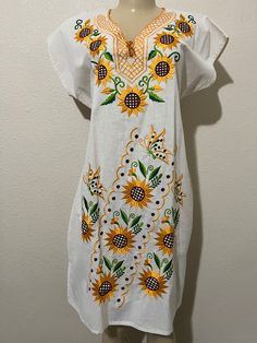 Length 38 in Casual Long Floral Embroidery Dresses, Spring Fitted Dress With Machine Embroidery, Fitted Long Embroidered Dress For Summer, Traditional Short Sleeve Dress With Machine Embroidery, Mexican Traditional Dress, Traditional Mexican Dress, Pink Sunflowers, Traditional Dress, Embroidered Dress