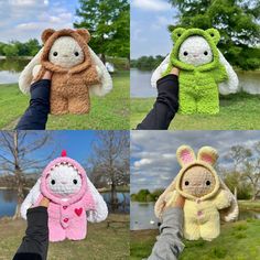 four pictures of stuffed animals in different colors and sizes, one is wearing a bunny costume