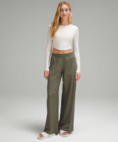 Swift Mid-Rise Wide-Leg Pant | Women's Pants | lululemon Casual Mid-rise Green Wide Leg Pants, Green Relaxed Fit Wide Leg Sweatpants, Green Mid-rise Yoga Pants, Lululemon Mid-rise Casual Pants, Lulu Lemon Outfits, Green Moisture-wicking Full-length Pants, Lululemon Pants, Jumper Short, Michelle Yeoh