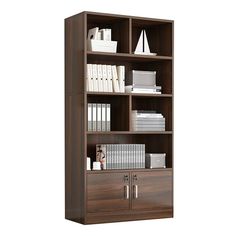 a book shelf with many books on top of it and some papers in the bottom drawer