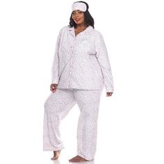 Relax comfortably with this cool to the touch boyfriend styled three-piece pajama set. You will not have trouble sleeping in this silky soft, loose fit, and breathable polyester blended material. The set comes with a relaxed notched long sleeve top with button closure, wide legged sweatpants with slit pockets at side, with an elastic waistband, and matching eye mask and adorn with a fabulous print and contracting piping detail. Offered in size 1X to 4X. Pink Satin Pajamas, Leg Women, Pink Cheetah, Plus Size Designers, Sleep Set, Plus Size Shopping, White Mark, Pajama Set Women, Trendy Plus Size