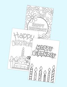 three happy birthday cards with candles and flowers on them, all in black and white