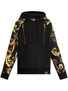 black/gold-tone cotton baroque-pattern print long sleeves multiple zip-fastening pockets ribbed cuffs and hem drawstring hood Versace Sweater, Z Logo, Versace Jeans Couture, Versace Jeans, Gianni Versace, Light Jacket, Printed Sweatshirts, Black Hoodie, Jean Coat