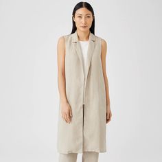 Long and easy. A notch collar vest with on-seam pockets and a back vent. Lightweight in a sustainable blend of Tencel™ Lyocell and linen. Luxury Hangers, Hotel Uniform, Collar Vest, Easy A, Long Vest, Notch Collar, Sleeveless Vest, Notched Collar