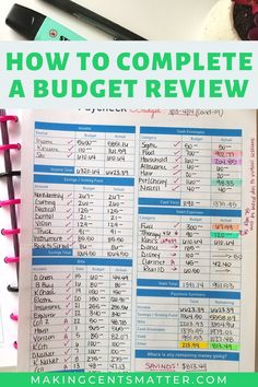 an open planner with the title how to complete a budget review