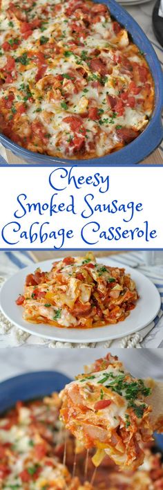 two pictures of cheesy smoked sausage cabbage casserole with cheese on top