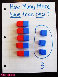 a piece of paper that has some magnets on it with the words how many more blue than red?