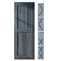 an open wooden door with three crosses painted on the side and one in grey, against a white background