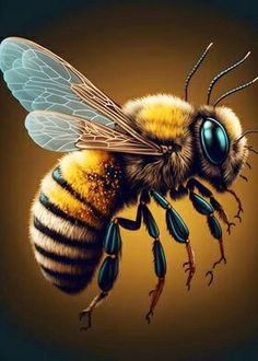 a close up of a bee on a black background with yellow and blue stripes,