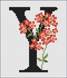 a cross stitch pattern with red flowers in a black vase and the letter y on it