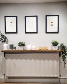 three framed pictures hang on the wall above a radiator with potted plants