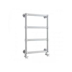 the heated towel rack is shown in chrome