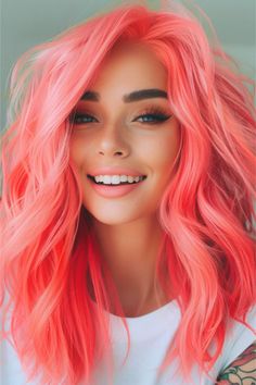 Bright Coral Pink Hair Color Idea. Electric Peach Hair, Pink And Coral Hair, Coral Hair Color Pastel, Peach And Blonde Hair, Short Vivid Hair, Fuschia Hair Color, Neon Peach Hair, Flamingo Pink Hair, Coral Pink Hair