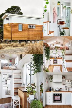 the interior and exterior of a tiny house with plants growing on the walls, stairs leading up to the upper floor