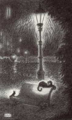 a black and white drawing of a lamp post with a cat sleeping on the ground