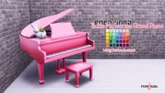 a pink piano sitting in front of a brick wall