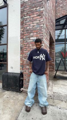 Streetwear, style, fashion, boy outfits, ootd, outfit inspo, summer, baggy, baggy jeans, boots, tattoos Dark Denim Outfit, 90s Black Men Fashion, Baggy Pants For Men, Style Baggy Pants, 90s Black Men, Boys Aesthetic Outfits, Black Men Fashion Urban, Pants Outfit Men, Black Men Street Fashion