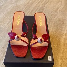 Never Worn With A 1 Inch Heel Designer Red Sandals With Padded Heel, Designer Red Sandals For The Beach, Red Leather Sandals With Square Toe, Luxury Red Sandals For The Beach, Luxury Red Beach Sandals, Prada Pink, Shoes Prada, Red Sandals, Prada Shoes