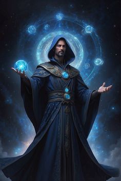 a man in a hooded robe is holding his hands out to the sky with planets around him