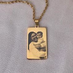 Personalized Photo Necklace for Mom, custom Portrait Necklace, engraved photo necklace for woman, custom gifts for mom and grandma MATERIALS: - Plating material: 18k gold plated.  HOW TO PLACE YOUR ORDER: - Choose the color gold or silver. - Send the image you want engraved on the chain pendant via Etsy Conversation! with your order number or to our email laserthrought@gmail.com. The better quality the photo, the better the engraving will be. *Posterior engraving IF possible, you can engrave a date, coordinates, names, phrases, messages...* PROCESSING TIME: Usually our order processing time is 3 to 5 business days; As these are personalized orders, we give ourselves with great dedication so that they are as perfect as possible. This time does not include delivery time. Ours are made with a Mom Photo, Photo Tag, Portrait Necklace, Necklace For Mom, Mom Photos, Photo Necklace, Photo Engraving, Mom And Grandma, Custom Portrait