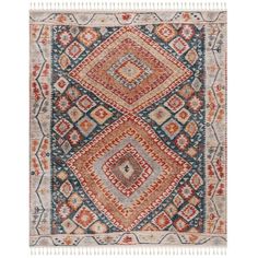 an orange, blue and red rug with fringes on the bottom is featured in this image